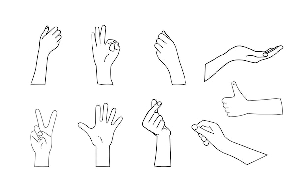 手の動き 輪郭 セット ベクトル イラスト 白い背景に隔離された様々な動き