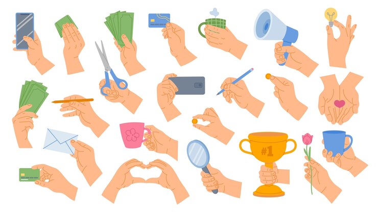 Vector hand gestures human hands hold megaphone light bulb pencil and magnifying glass palm with envelope cup money and heart cartoon vector illustration set
