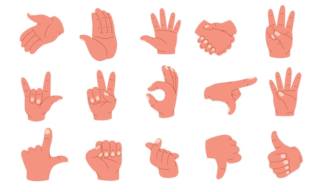 Vector hand gestures human palms and wrist showing emotions and signs arm poses pointing fingers forefinger thumb up sign language icons vector cartoon set