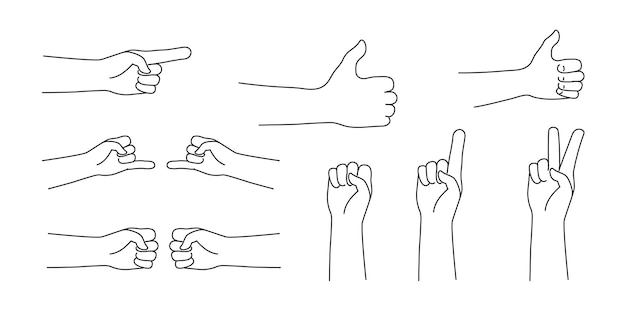 Hand gestures isolated vector icon outline Line art human hands show different signals signs Stickers for web covers print icons symbols gesture concept