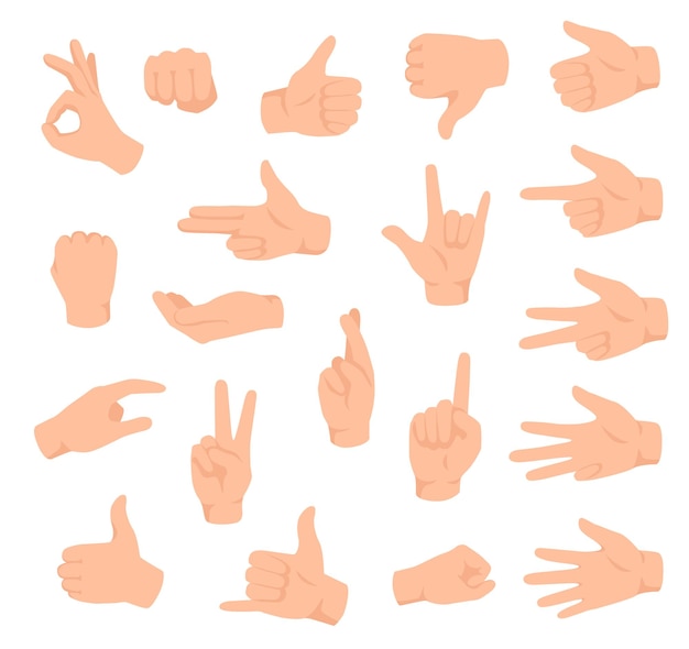 Hand gestures. male hand with various sign. ok, victory and like, dislike. counting fingers flat set