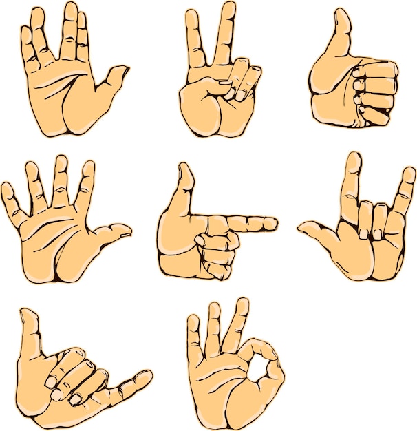 Hand gestures and sign language icon set isolated colorful illustration of vector human hands