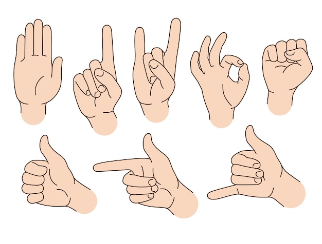 Vector hand gestures signs set of cartoon style illustrations vector drawings