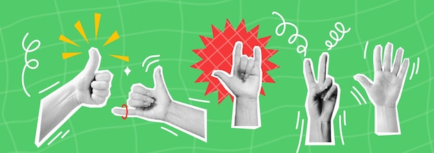 Hand gestures thumbs up rocknroll and peace art collage