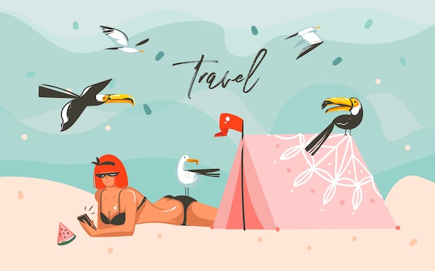 Hand getekend abstracte cartoon zomertijd grafische illustraties kunst sjabloon achtergrond met oceaan strand landschap, meisje, tropische vogels, tent en reizen typografie tekst.