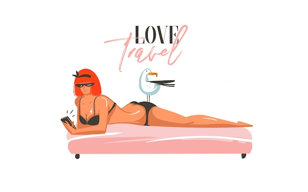Hand getekend abstracte cartoon zomertijd grafische illustraties kunst sjabloon teken achtergrond met meisje, ontspannen op strand scène en moderne typografie Love Travel op witte achtergrond