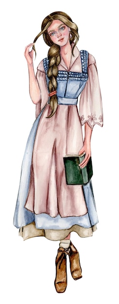 Hand getekend aquarel meisje in vintage jurk met boek