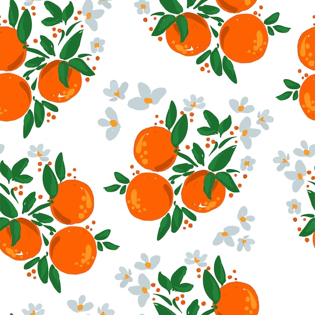 Hand getekend bloeiende oranje vruchten met bladeren en bloemen naadloze patroon vectorillustratie.