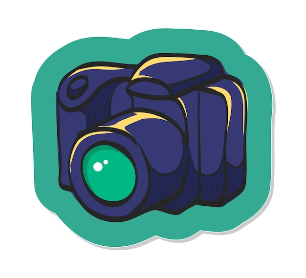 Hand getekend camera-icoontje in sticker stijl vector illustratie