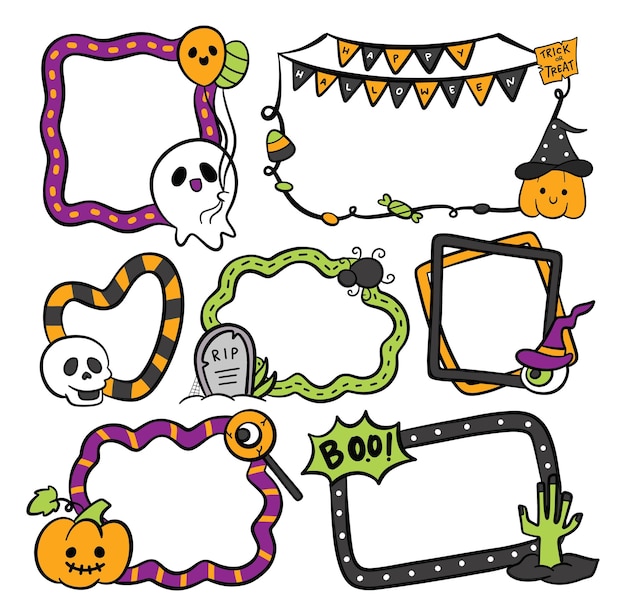 Vector hand getekend cartoon halloween frame ontwerpelementen