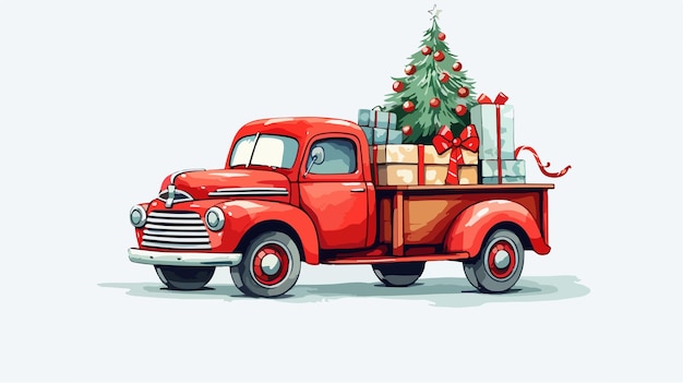 Hand getekend cartoon kerst versierde auto illustratie