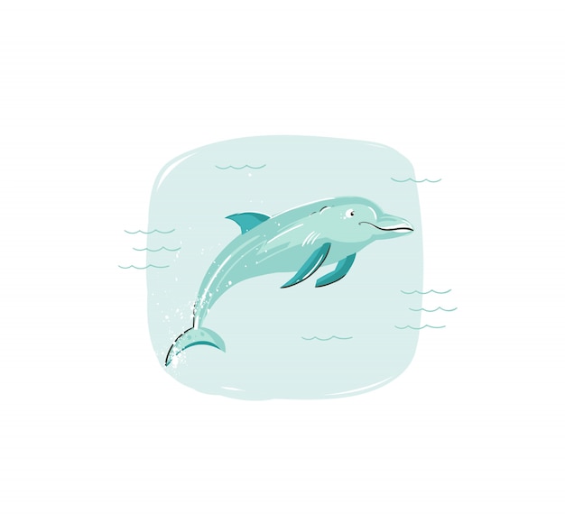 Hand getekend coon zomertijd leuke illustratie met dolfijn springen in blauwe oceaan golven op witte achtergrond