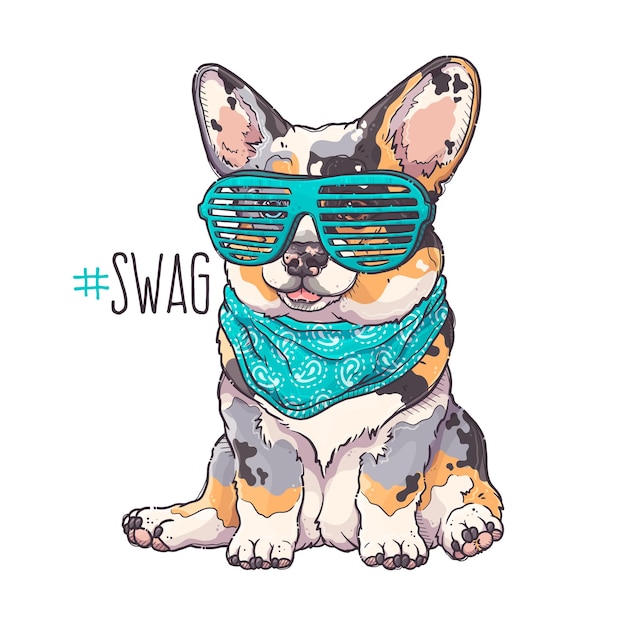 Hand getekend corgi puppy portret Vector hond met bandana en bril