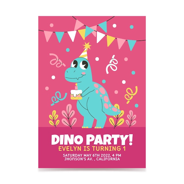 Hand getekend dinosaurus verjaardag uitnodiging sjabloon