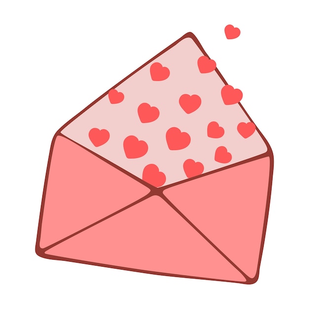 Hand getekend een schattige roze envelop met hartjes. Doodle schets vectorillustratie geïsoleerd op een witte achtergrond.