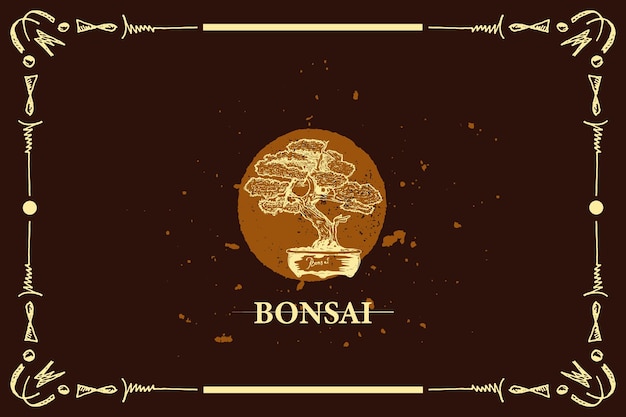 Hand getekend eenvoudige en mooie gouden bonsai plant cartoon stijl donkere achtergrond