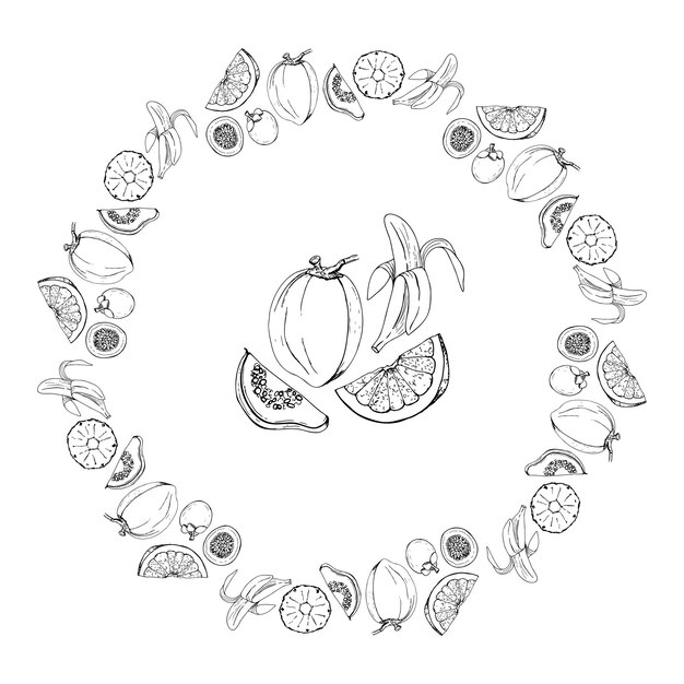 Hand getekend exotisch fruit vector frame geïsoleerd op een witte achtergrond