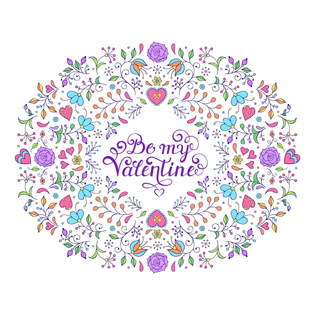 Vector hand getekend floral frame met bloemen, harten en andere elementen.