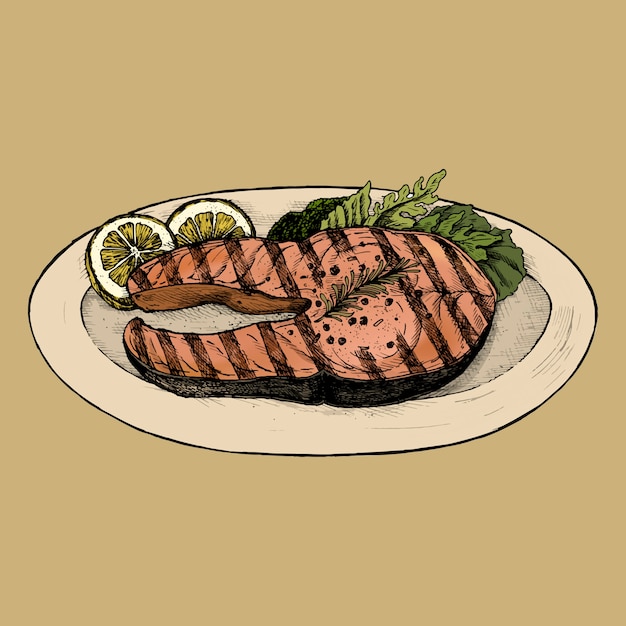 Vector hand getekend gegrilde vis steak