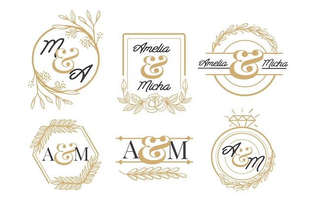 Vector hand getekend gouden bruiloft monogram logo-collectie