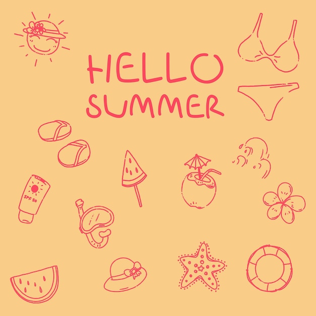 Hand getekend Hallo zomer Element Leuke Doodle Vector Illustratie Set