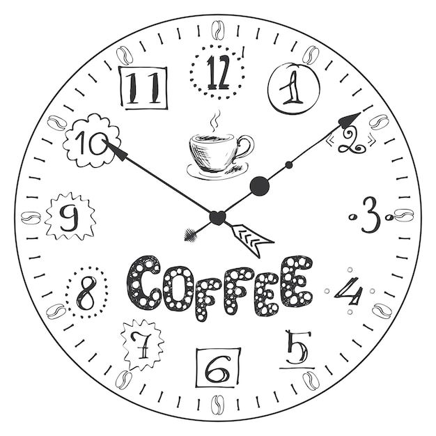 Hand getekend horloge met cofee belettering koffiepauze concept banner