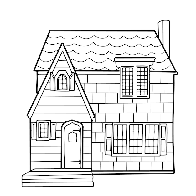 Hand getekend huis met twee verdiepingen Vector doodle stijl gebouw voor kleurplaat