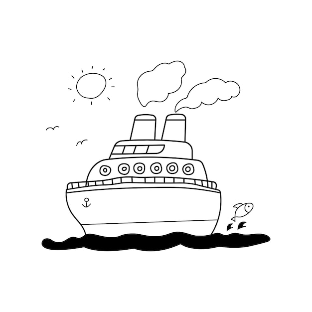 Hand getekend Kids tekenstijl grappig cruiseschip zeilen op de zee in een cartoon-stijl