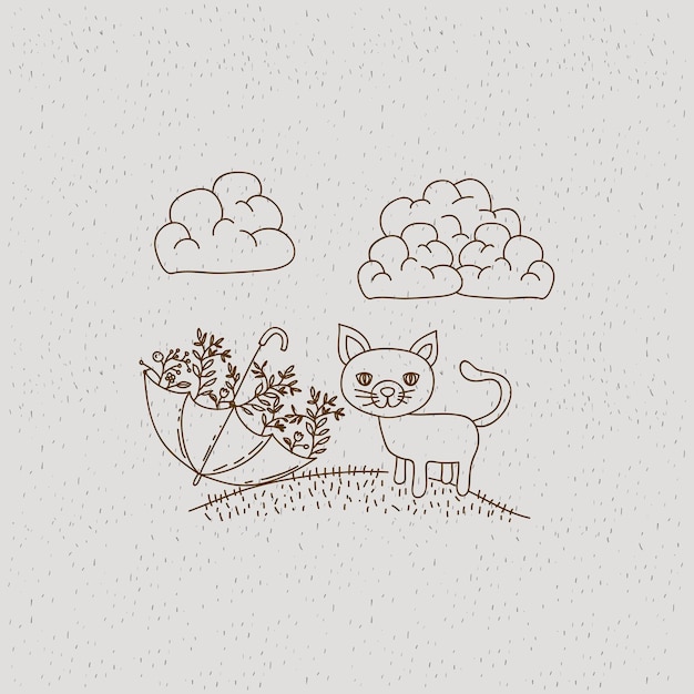 hand getekend landschap van kat in heuvel en paraplu met planten