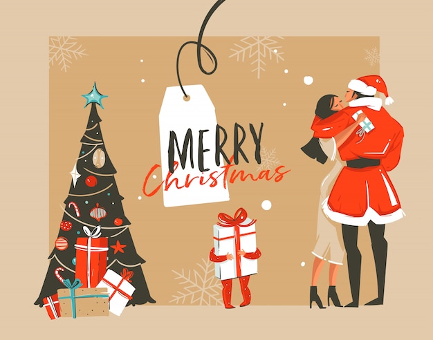 Hand getekend leuke merry christmas time coon illustratie met romantisch koppel die zoenen en knuffelen, kerstboom, klein kind met cadeau en typografie op ambachtelijke achtergrond