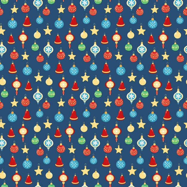 Vector hand getekend naadloos patroon van kleurrijke decoratieve glazen kerstboomballen gelukkig nieuwjaar en kerstmis drop ornamenten vakantie illustratie voor wenskaart uitnodiging behang inpakpapier