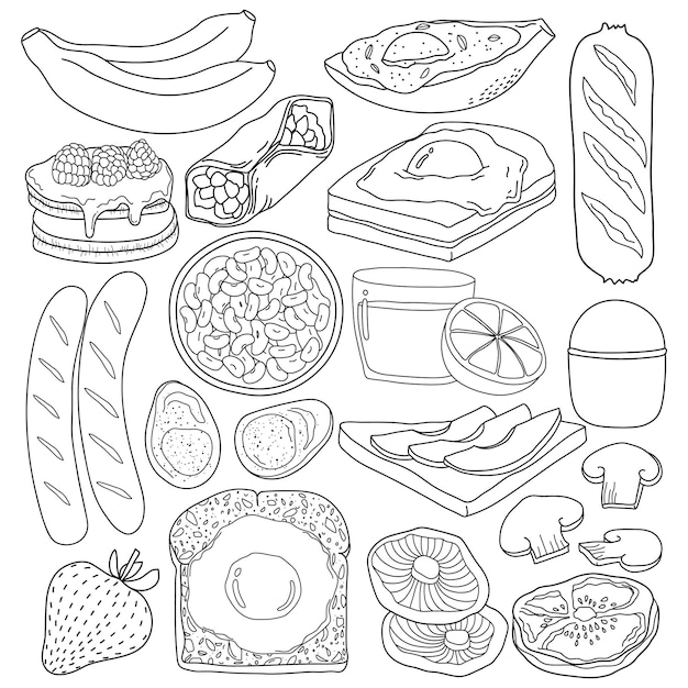 Hand getekend ontbijt eten in doodle kunststijl op witte achtergrond