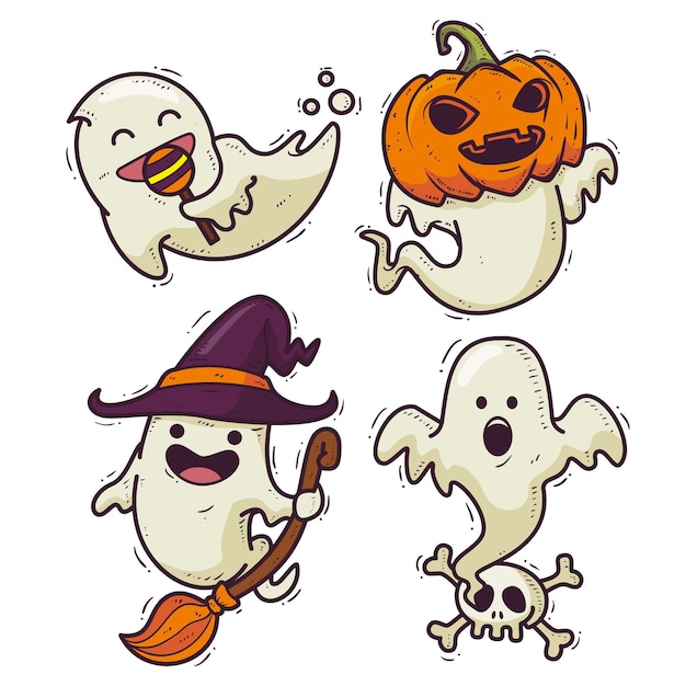 Vector hand getekend ontwerp halloween ghost pack