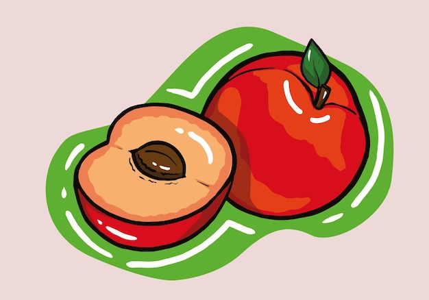 Vector hand getekend perzik fruit met groen blad geïsoleerd op de achtergrond. cartoon stijl perzik fruit.