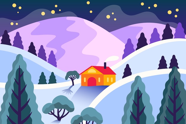 Vector hand getekend plat ontwerp winterlandschap