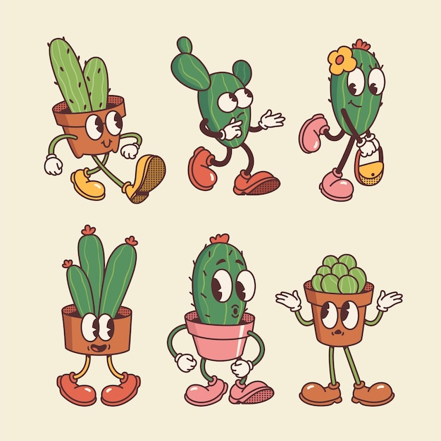 Vector hand getekend retro cartoon cactus collectie