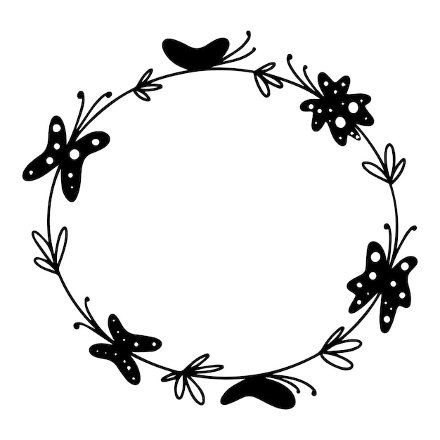 Hand getekend rond frame met bloemen en vlinders op een witte achtergrond