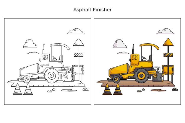 Hand getekend schattig bouwvoertuig voor kinderen kleurplaat illustratie Asfalt Finisher