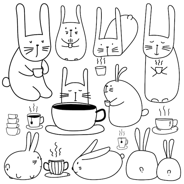 Hand getekend schattig bunny tekens met koffie set