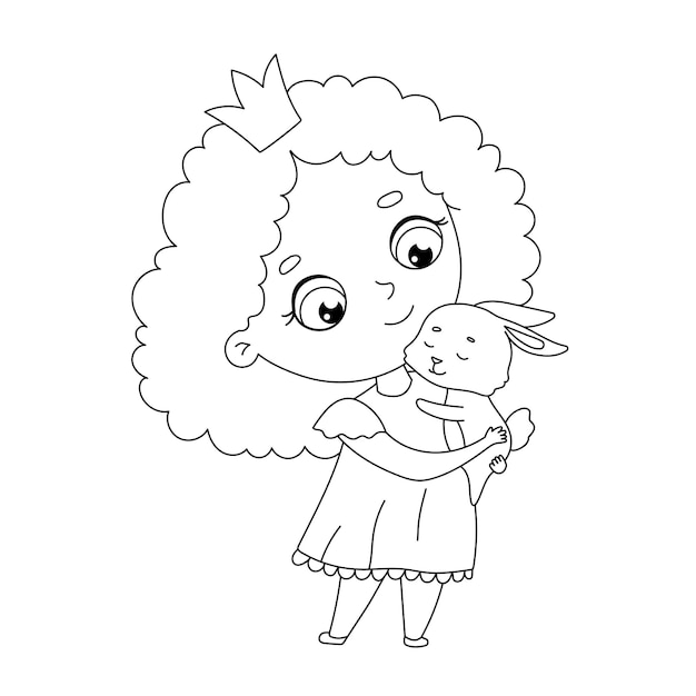 Vector hand getekend schattig klein meisje prinses met konijn op handen schattig meisje in jurk overzicht kinderachtig vectorillustratie voor kleurboek