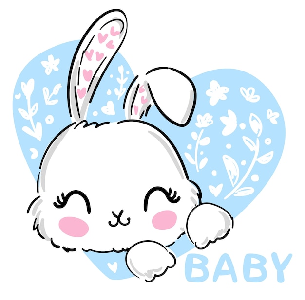 Hand getekend schattig konijntje en hart klein konijntje baby print vectorillustratie