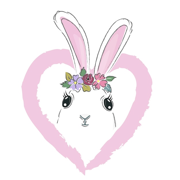 Hand getekend schattig konijntje en roze hart vector illustratie afdrukontwerp konijn kinderen afdrukken op tshirt