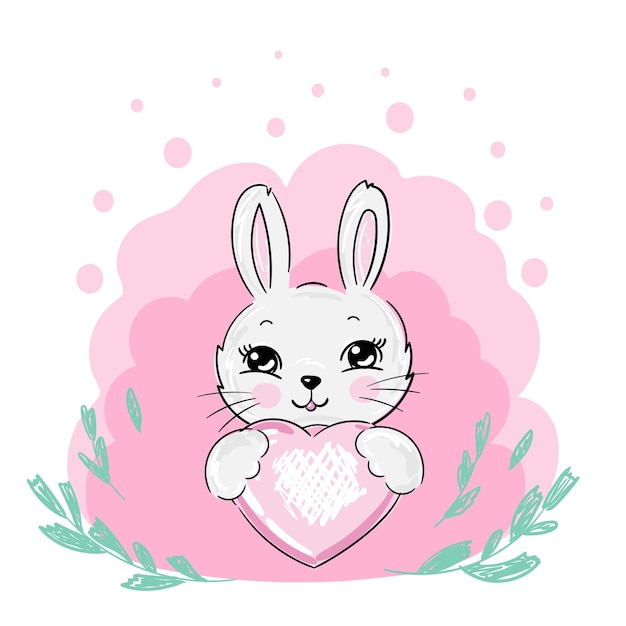 Hand getekend schattig konijntje en roze hart vector illustratie afdrukontwerp konijn kinderen afdrukken op tshirt