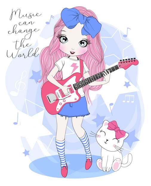 Hand getekend schattig meisje gitaarspelen