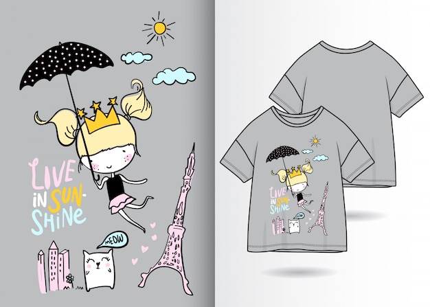 Hand getekend schattig meisje illustratie met t-shirt ontwerp