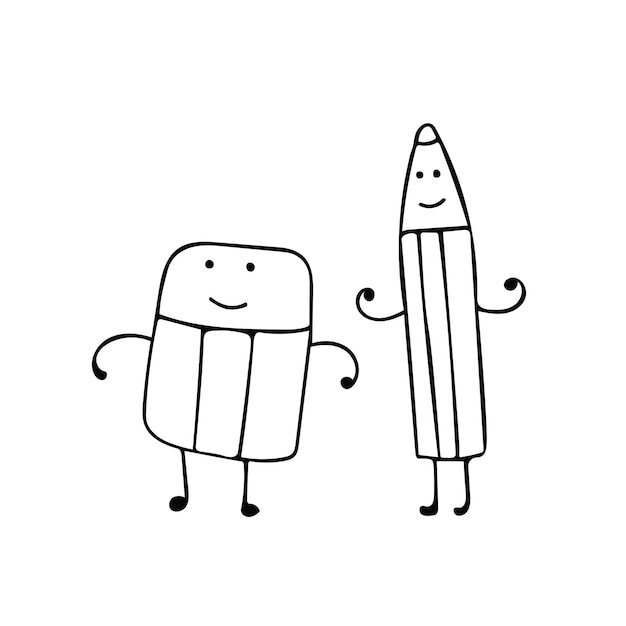 hand getekend schattig potlood en gum beste vriend vector stripfiguur mascotte
