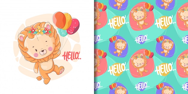 Hand getekend schattige baby leeuw met ballonnen en patroon