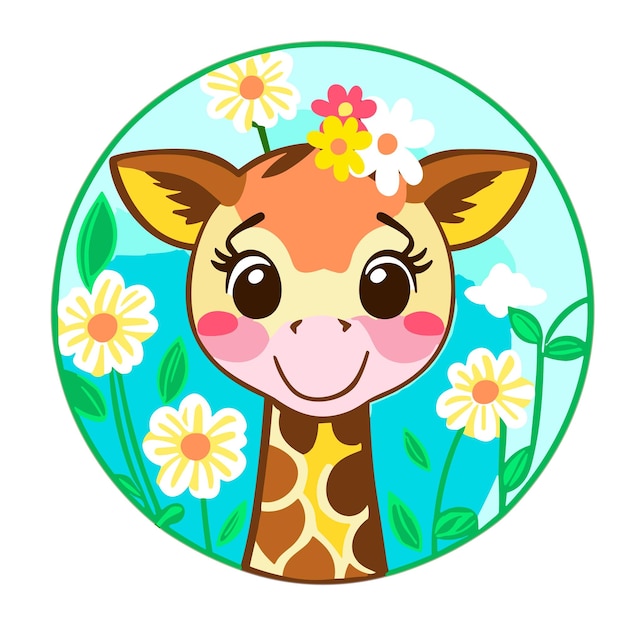 Hand getekend schattige giraffe op bloemen achtergrond cartoon stijl Sticker ontwerp