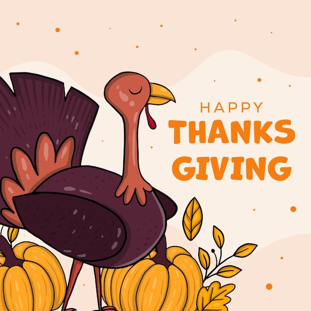 hand getekend Thanksgiving illustratie met kalkoenhaanbladeren en pompoenen