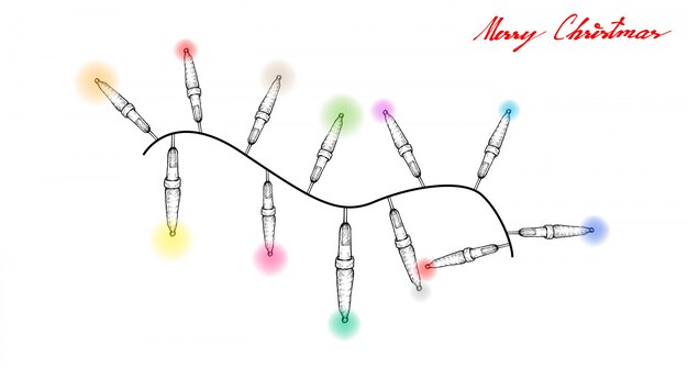 Vector hand getekend van mooie kerstverlichting opknoping op de lucht